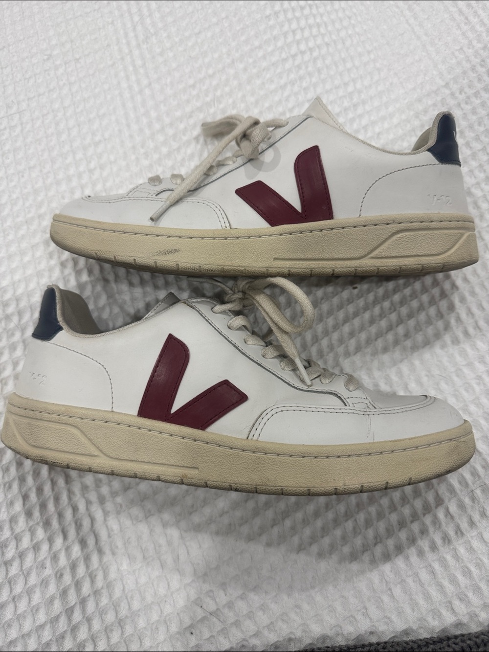 Veja White Leather Sneakers with Burgundy V and Navy Heel